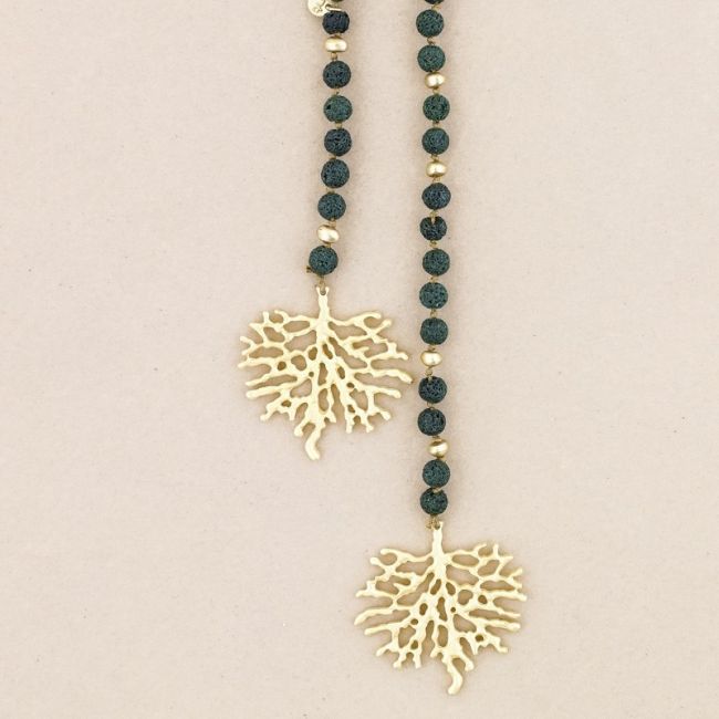LONG NECKLACE LAVA BEADS CORAL METAL