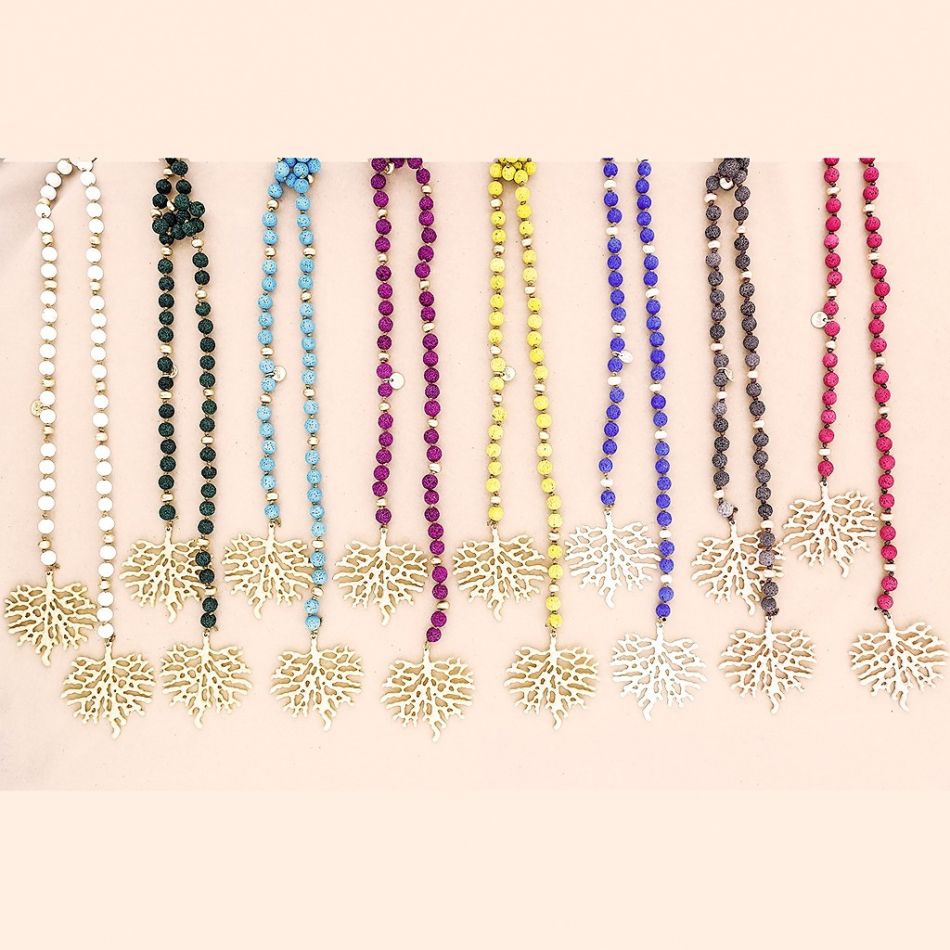 COLLAR LARGO CUENTAS LAVAS CORAL METAL