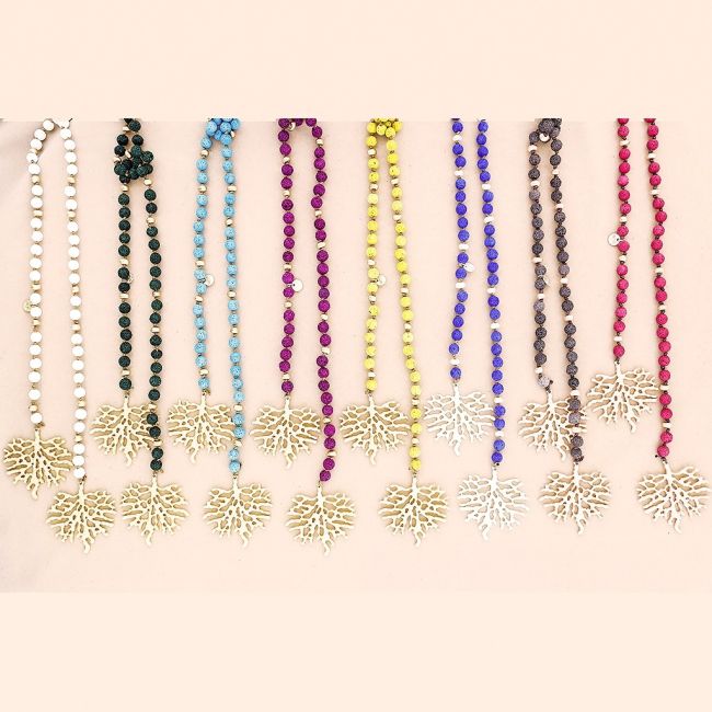 COLLAR LARGO CUENTAS LAVAS CORAL METAL