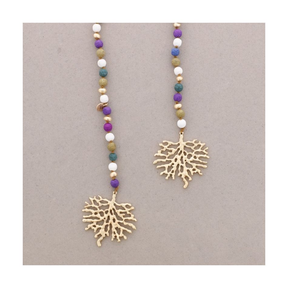 COLLAR LARGO CUENTAS LAVAS CORAL METAL