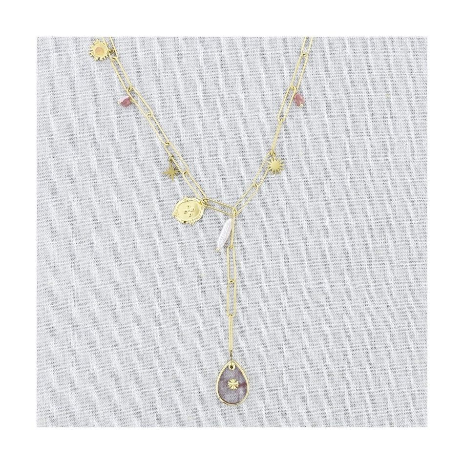 STONE PENDANT CHAIN STEEL NECKLACE 50CM