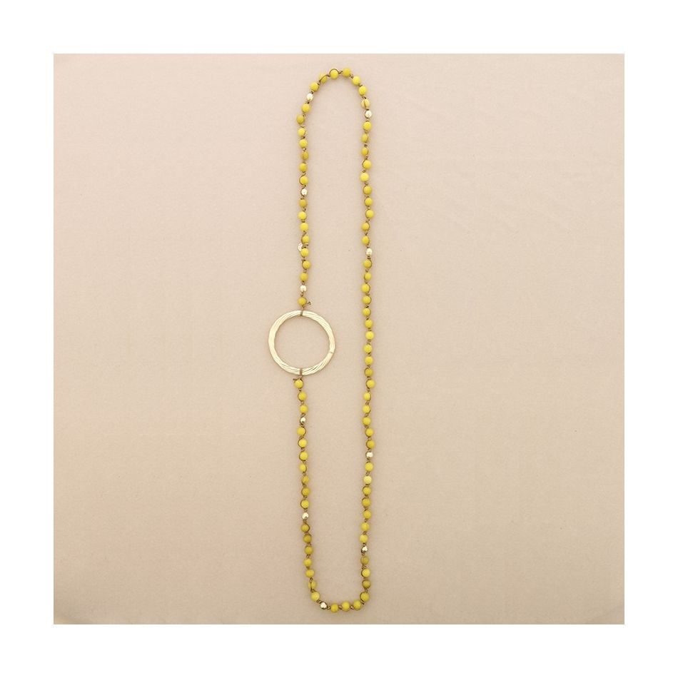 LONG NECKLACE WITH BRAIDED STONES METAL RING