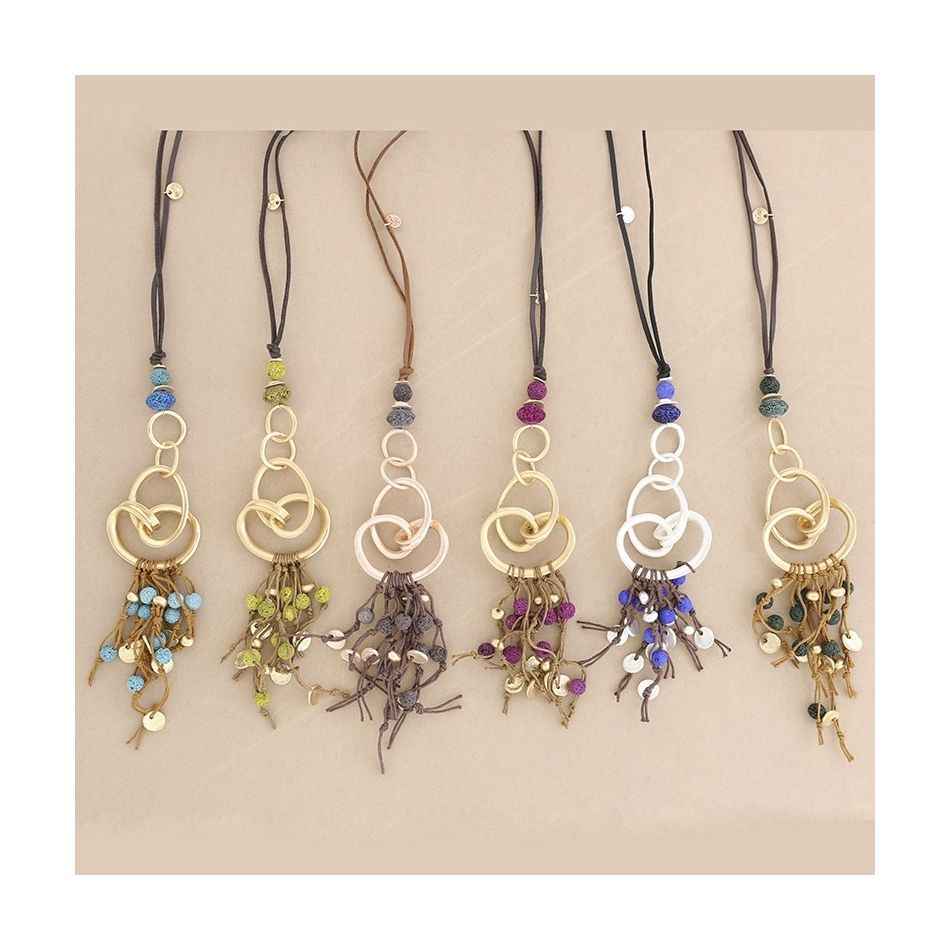 LONG NECKLACE METAL PENDANT WITH LAVA BEADS