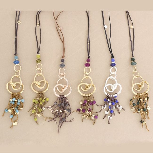 COLLAR LARGO COLGANTE METAL CUENTAS LAVAS