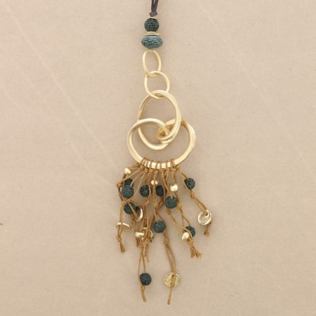 LONG NECKLACE METAL PENDANT WITH LAVA BEADS