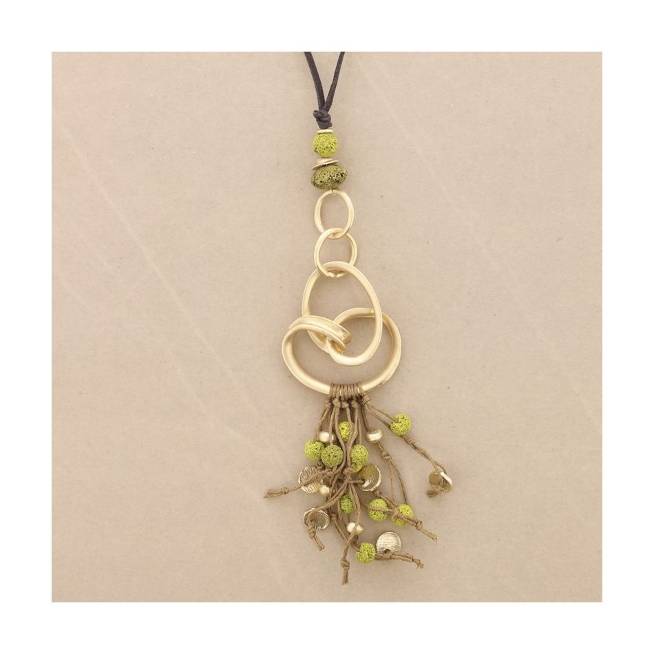 LONG NECKLACE METAL PENDANT WITH LAVA BEADS