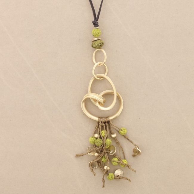 LONG NECKLACE METAL PENDANT WITH LAVA BEADS