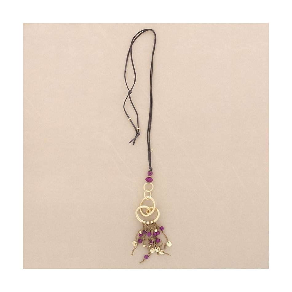 LONG NECKLACE METAL PENDANT WITH LAVA BEADS