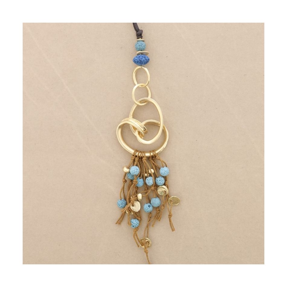 LONG NECKLACE METAL PENDANT WITH LAVA BEADS