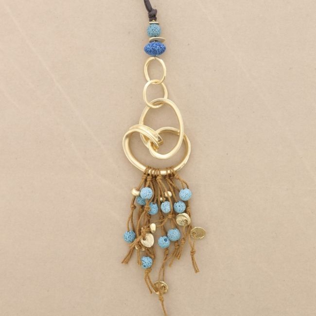LONG NECKLACE METAL PENDANT WITH LAVA BEADS