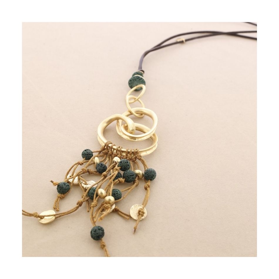COLLAR LARGO COLGANTE METAL CUENTAS LAVAS