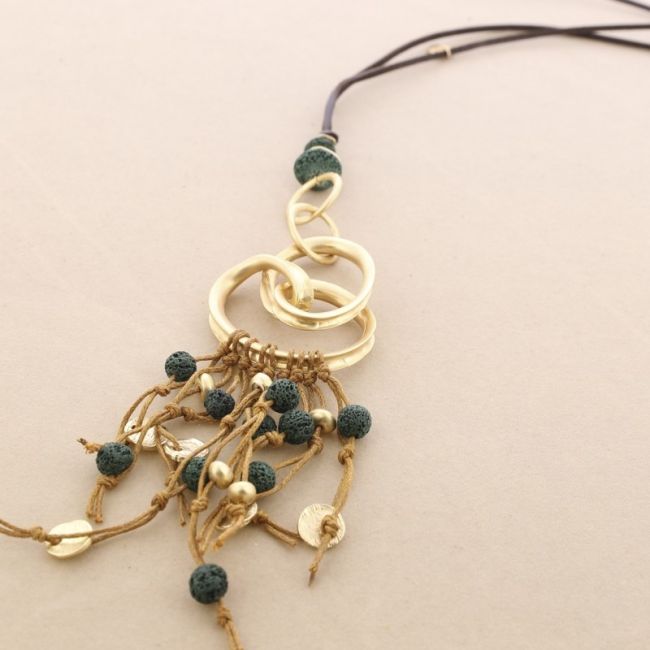 COLLAR LARGO COLGANTE METAL CUENTAS LAVAS