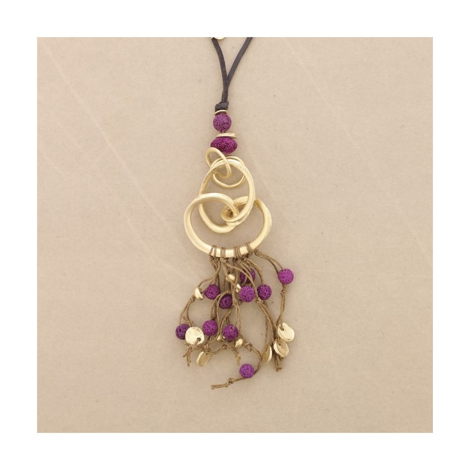 COLLAR LARGO COLGANTE METAL CUENTAS LAVAS