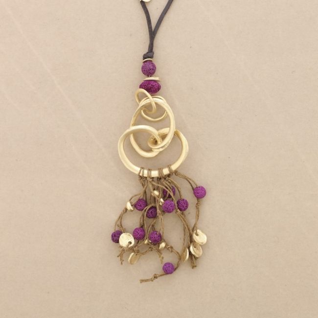 LONG NECKLACE METAL PENDANT WITH LAVA BEADS