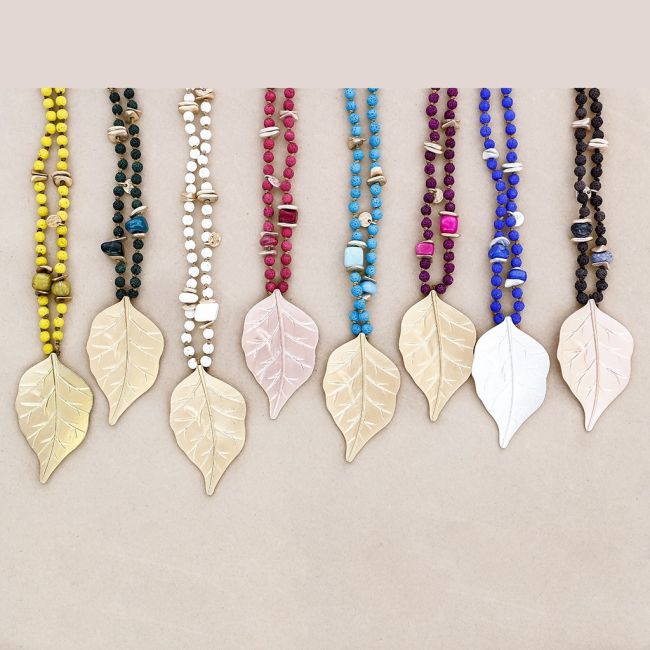 LONG NECKLACE WITH LAVA BEADS METAL LEAF PENDANT