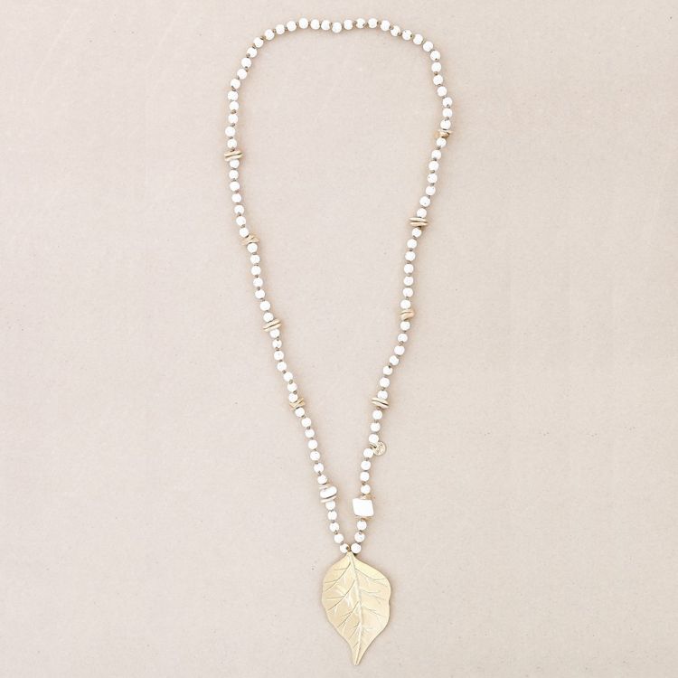 LONG NECKLACE WITH LAVA BEADS METAL LEAF PENDANT 2