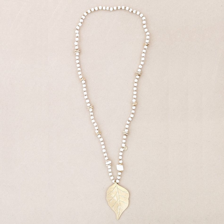 LONG NECKLACE WITH LAVA BEADS METAL LEAF PENDANT
