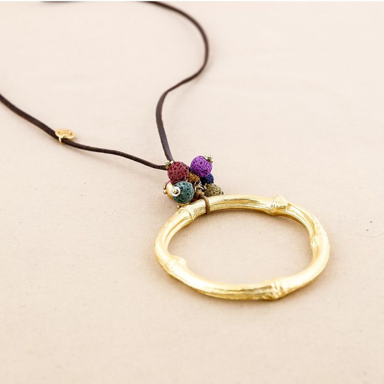 COLLAR LARGO COLGANTE CUENTAS LAVAS ANILLA METAL