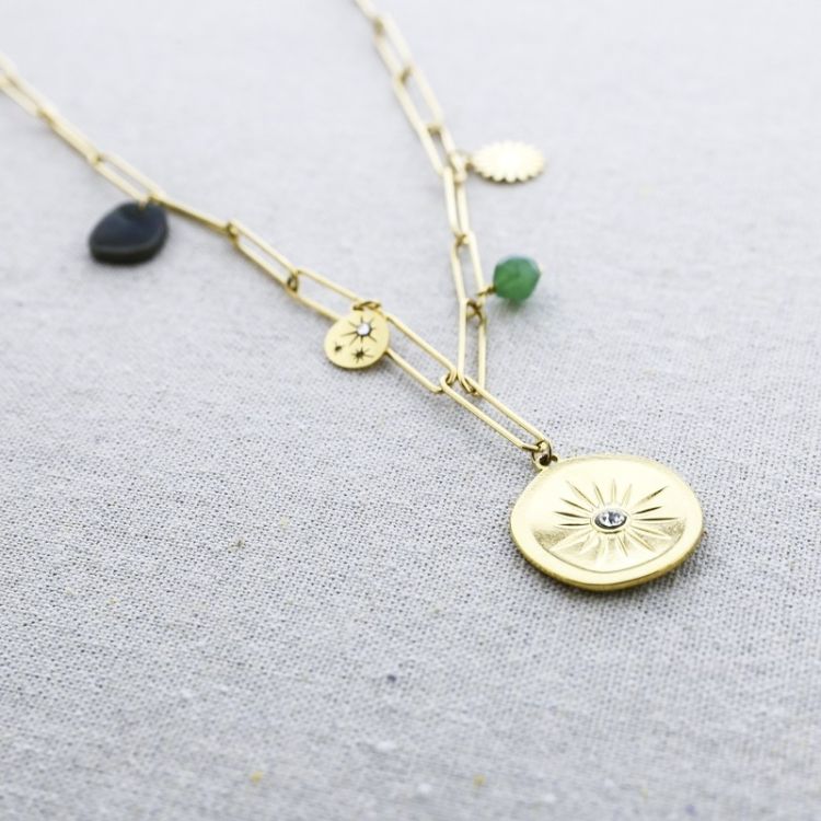 STONE MEDAL CHAIN STEEL NECKLACE CM