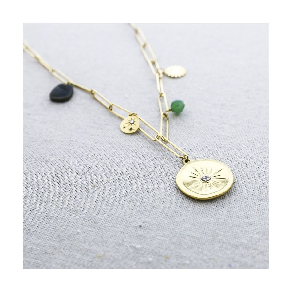 COLLAR ACERO CADENA MEDALLA PIEDRA 68 CM