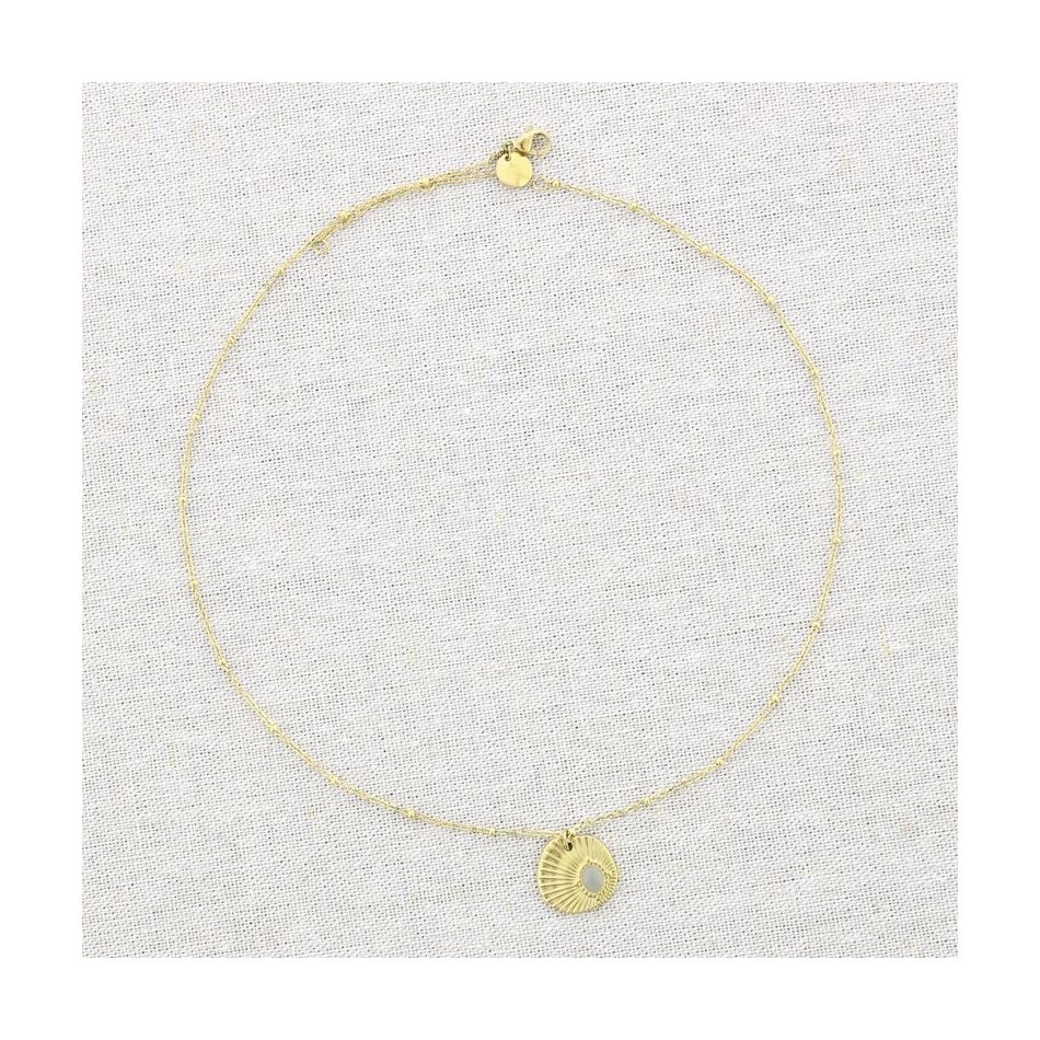 STONE MEDAL PENDANT STEEL SHORT NECKLACE