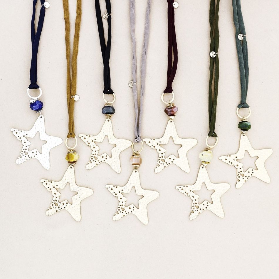 COLLAR LARGO COLGANTE PIEDRA ESTRELLA METAL