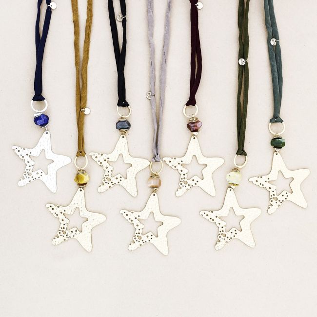 METAL STAR STONE LONG PENDANT NECKLACE