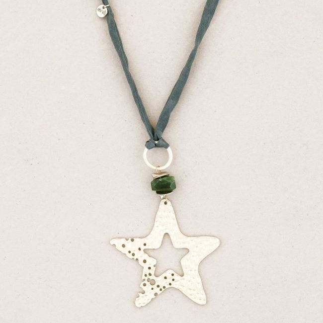 METAL STAR STONE LONG PENDANT NECKLACE