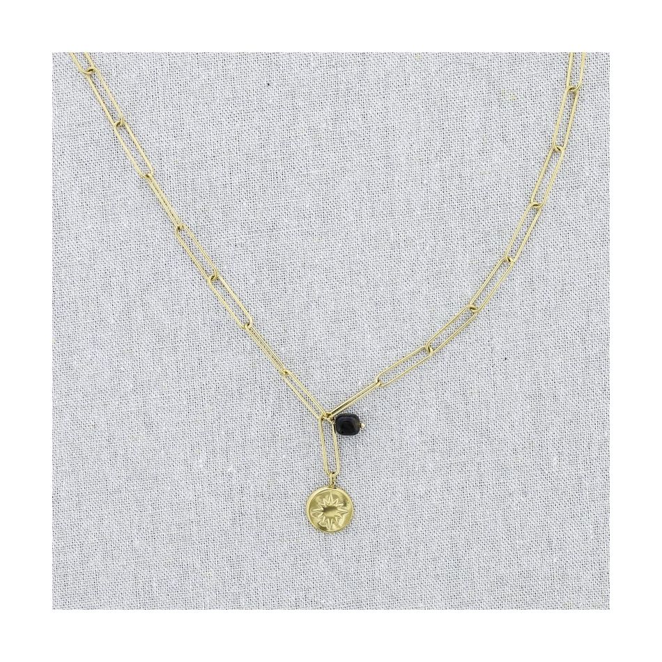 STONE MEDAL PENDANT CHAIN STEEL SHORT NECKLACE