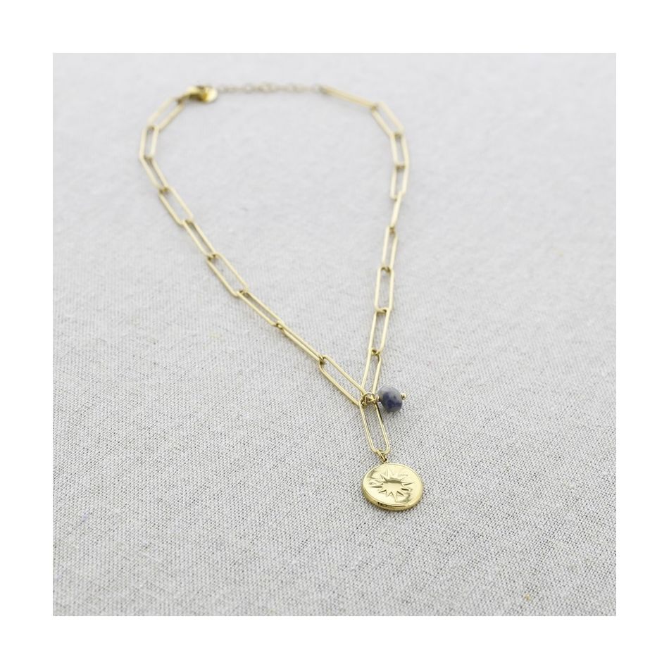 STONE MEDAL PENDANT CHAIN STEEL SHORT NECKLACE