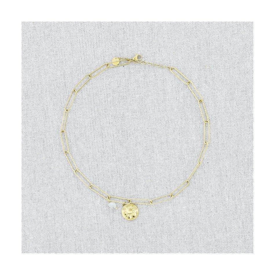 STONE MEDAL PENDANT CHAIN STEEL SHORT NECKLACE