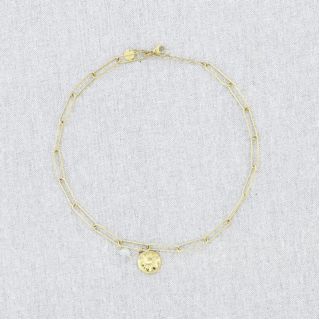 STONE MEDAL PENDANT CHAIN STEEL SHORT NECKLACE