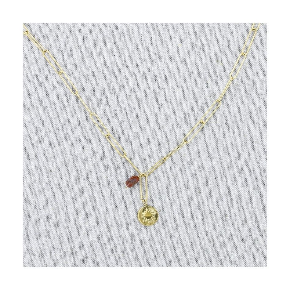 STONE MEDAL PENDANT CHAIN STEEL SHORT NECKLACE