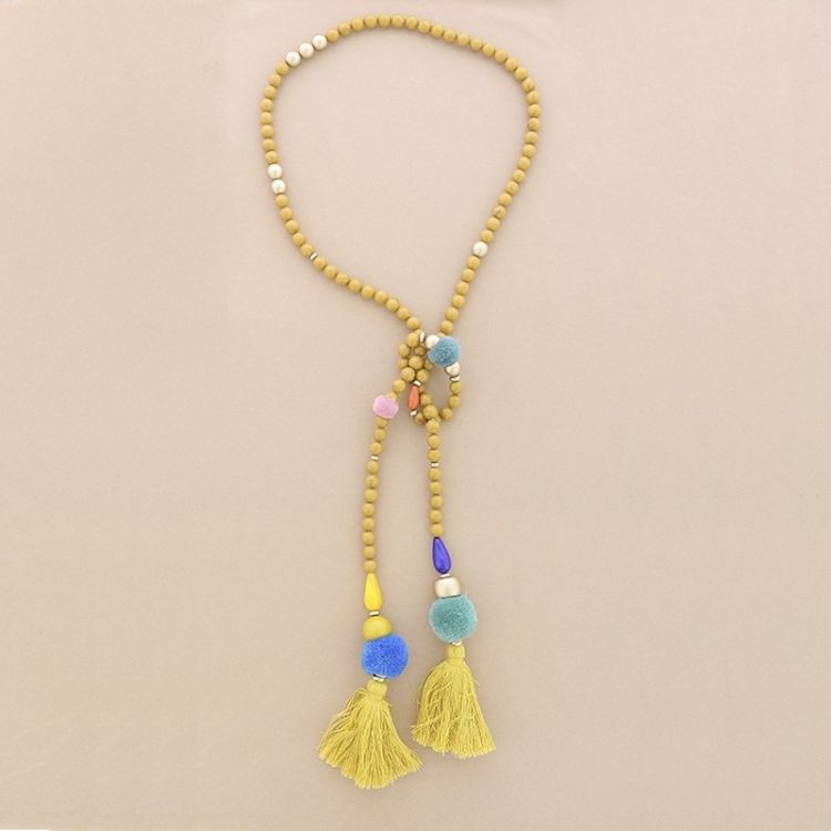DOUBLE FRINGE POMPOMS RESIN BEADS LONG NECKLACE
