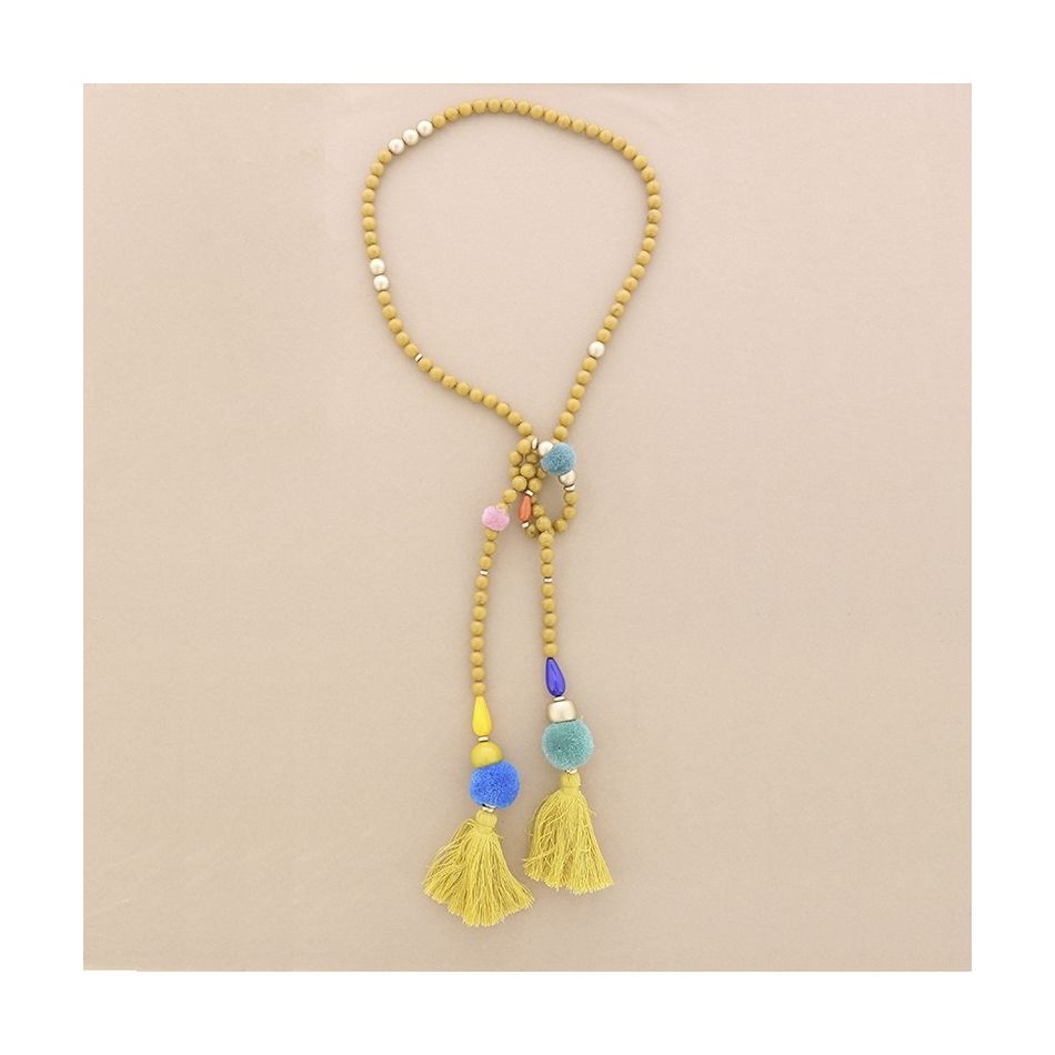 COLLAR LARGO CUENTAS RESINA POMPONES DOBLE FLECO