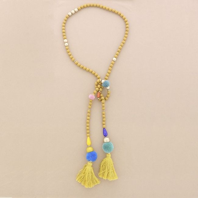 DOUBLE FRINGE POMPOMS RESIN BEADS LONG NECKLACE