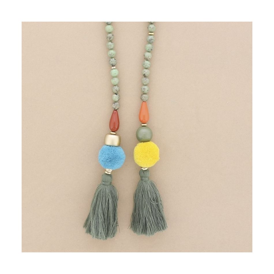 DOUBLE FRINGE POMPOMS RESIN BEADS LONG NECKLACE