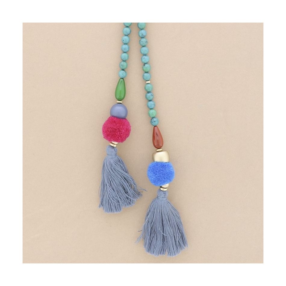 DOUBLE FRINGE POMPOMS RESIN BEADS LONG NECKLACE