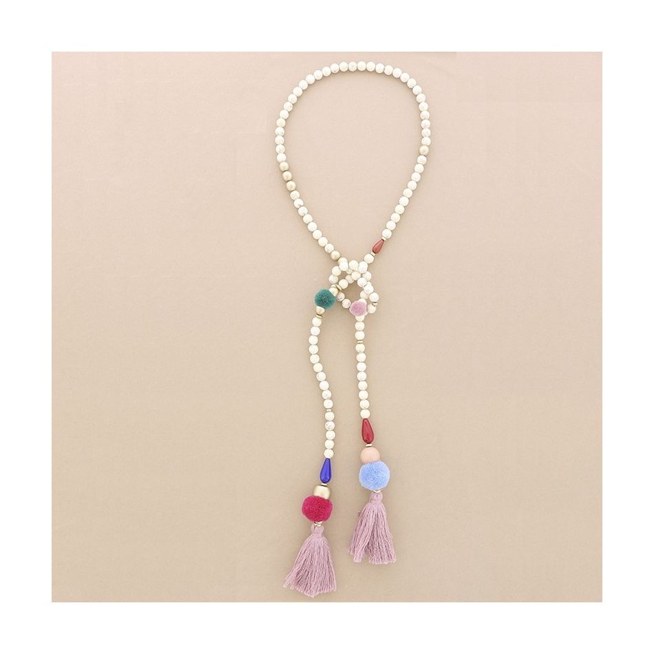 COLLAR LARGO CUENTAS RESINA POMPONES DOBLE FLECO