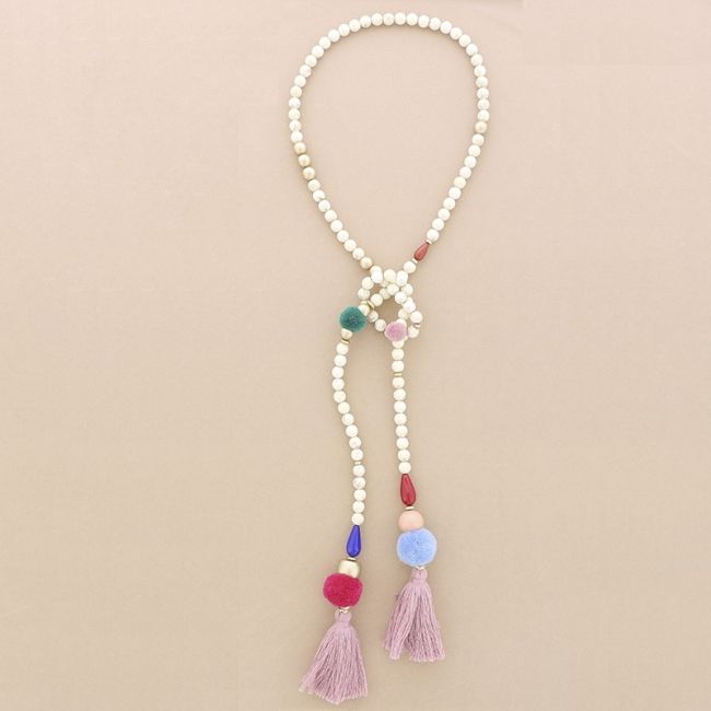 DOUBLE FRINGE POMPOMS RESIN BEADS LONG NECKLACE