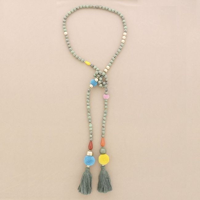 DOUBLE FRINGE POMPOMS RESIN BEADS LONG NECKLACE