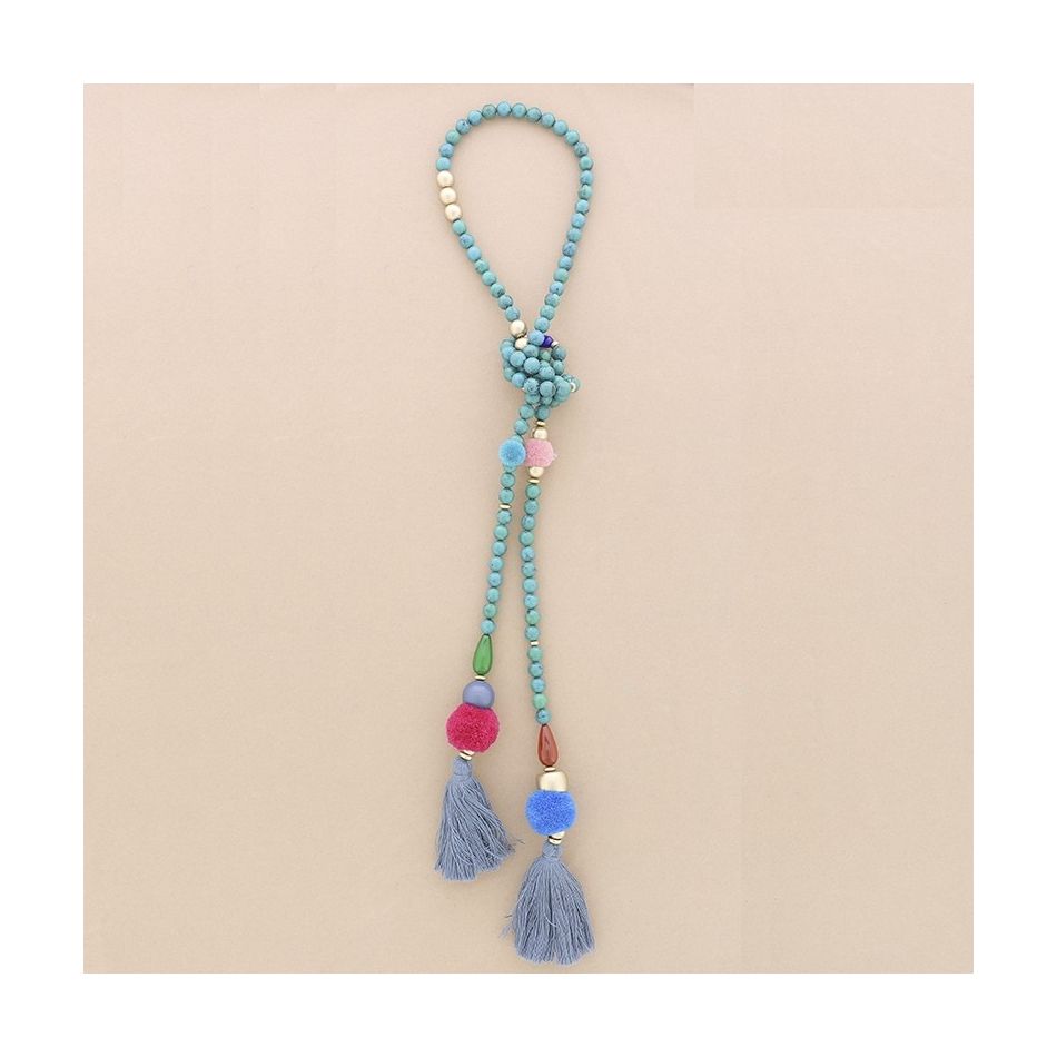 DOUBLE FRINGE POMPOMS RESIN BEADS LONG NECKLACE