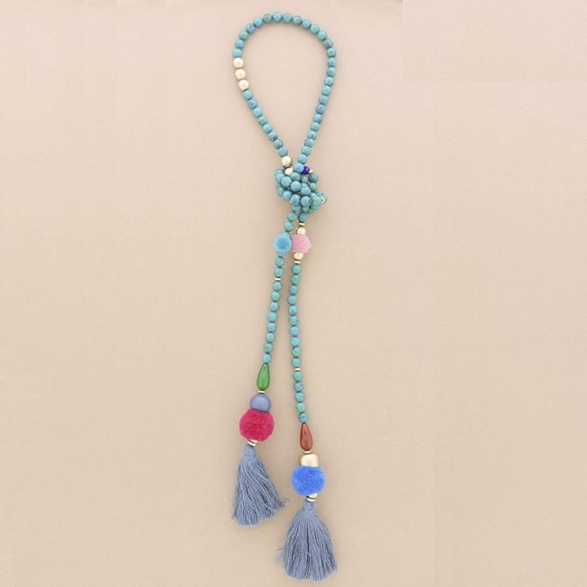 DOUBLE FRINGE POMPOMS RESIN BEADS LONG NECKLACE