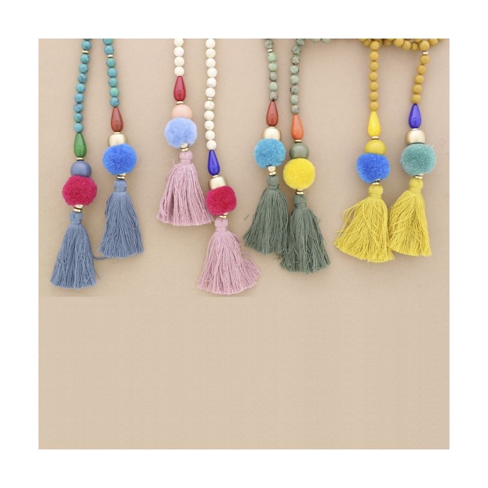 DOUBLE FRINGE POMPOMS RESIN BEADS LONG NECKLACE