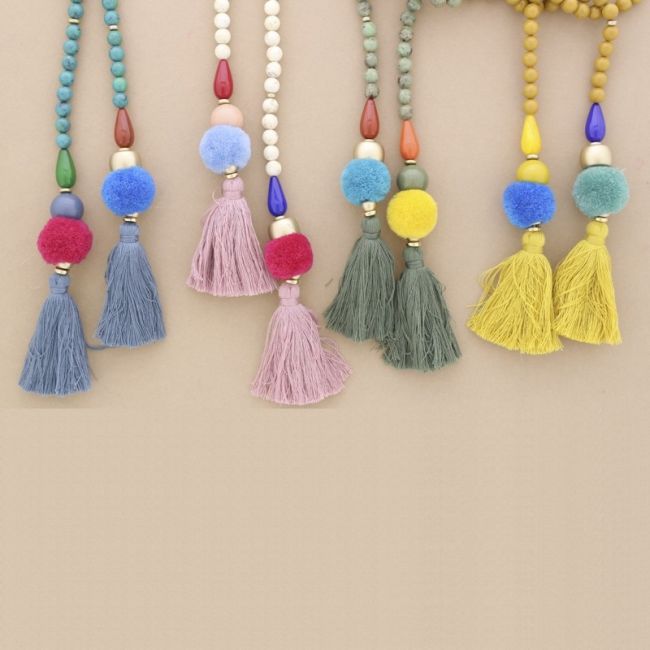 DOUBLE FRINGE POMPOMS RESIN BEADS LONG NECKLACE