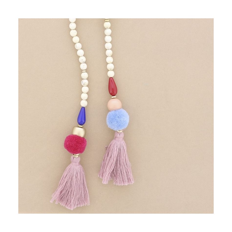 DOUBLE FRINGE POMPOMS RESIN BEADS LONG NECKLACE