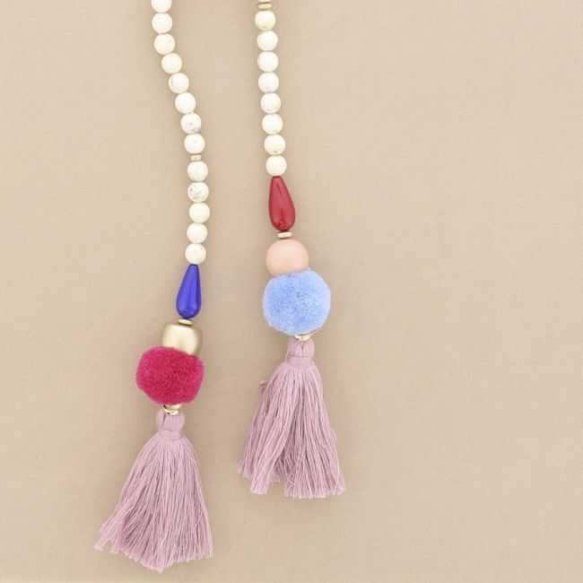 DOUBLE FRINGE POMPOMS RESIN BEADS LONG NECKLACE