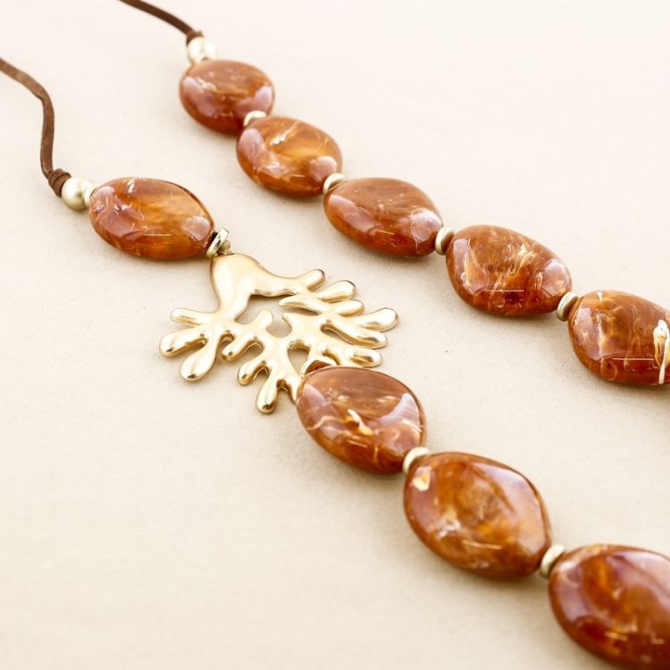 METAL CORAL RESIN BEADS LONG NECKLACE