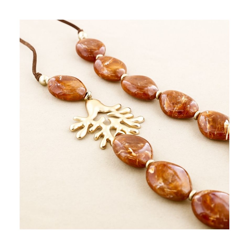METAL CORAL RESIN BEADS LONG NECKLACE