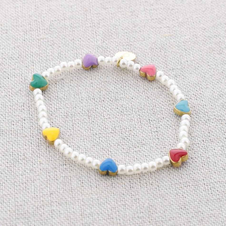 ENAMEL HEARTS PEARLS STEEL BRACELET